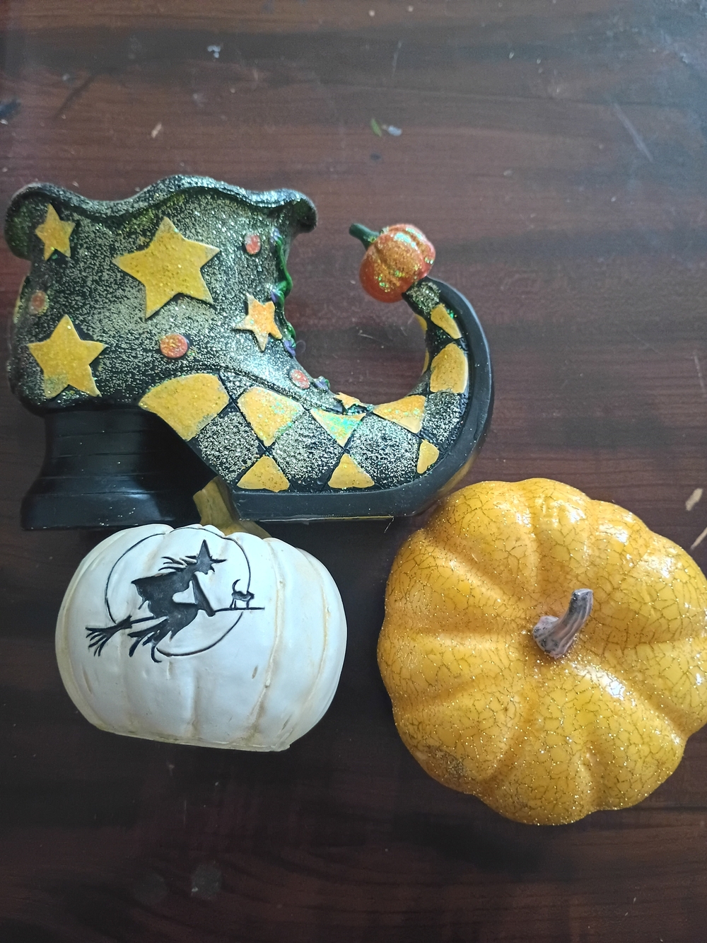Sparkle Witch Shoe Candle Holder W/ 2 Pumpkins